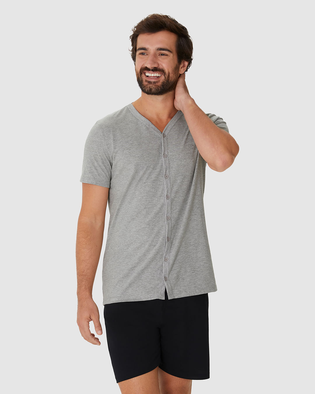Pijama Curto Masculino Camiseta Decote V Abotoamento Frontal Em Algodão