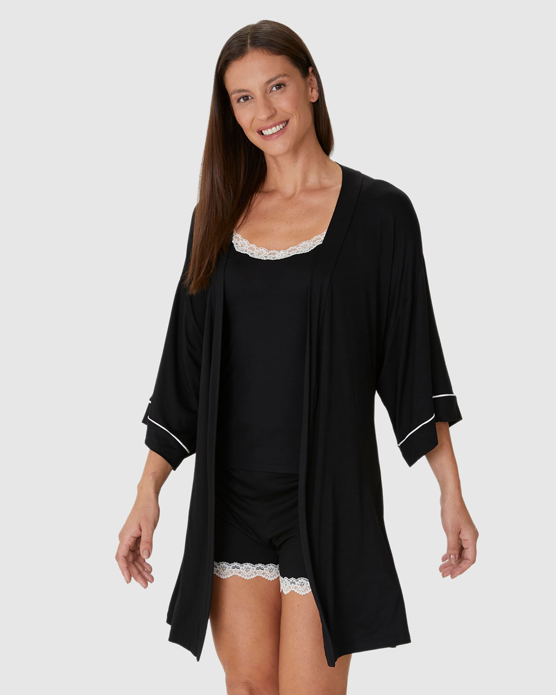 Robe Feminino Manga 7/8 Faixa Amarração Em Viscose Stretch