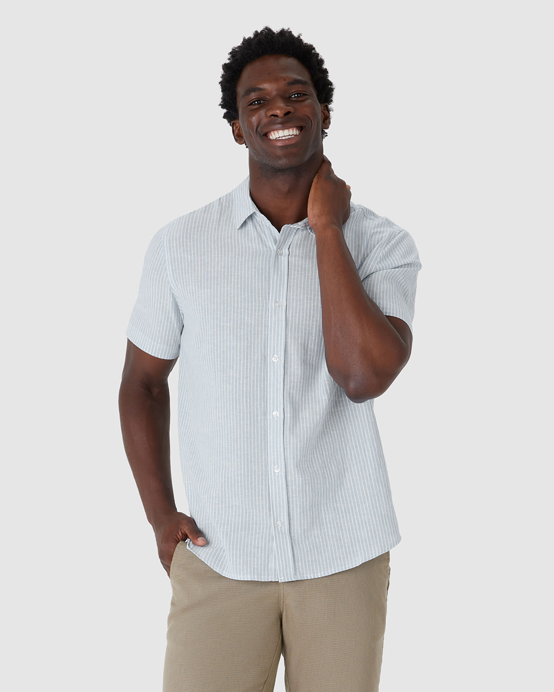 Camisa Masculina Padrão Listrado Em Linho Com Algodão - Imagem 16