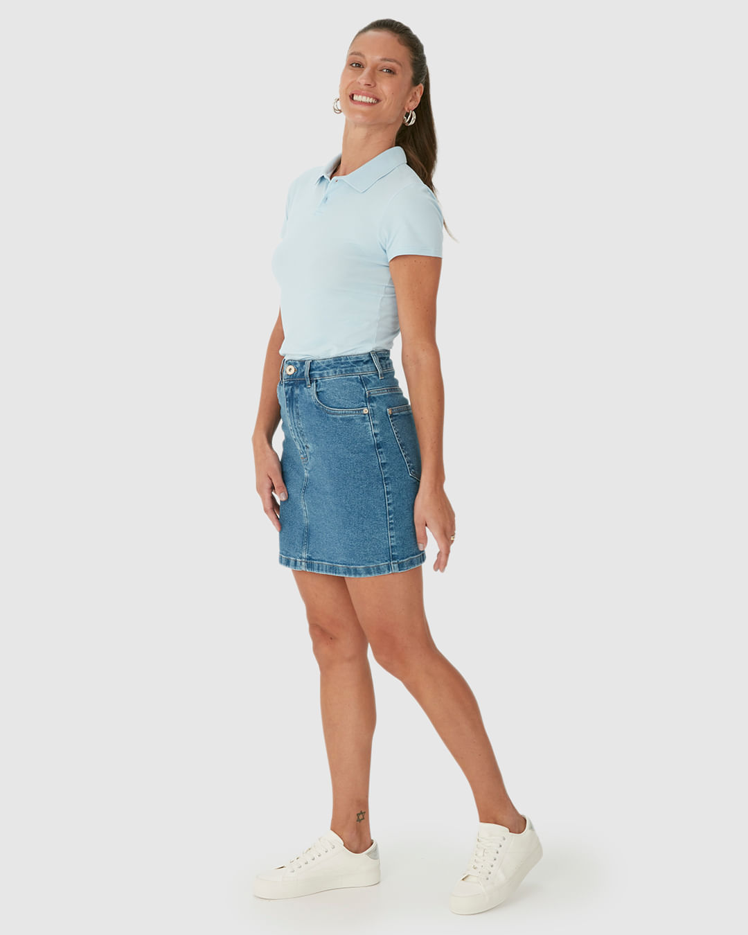 Saia Reta Feminina Cintura Alta em Jeans com Elastano