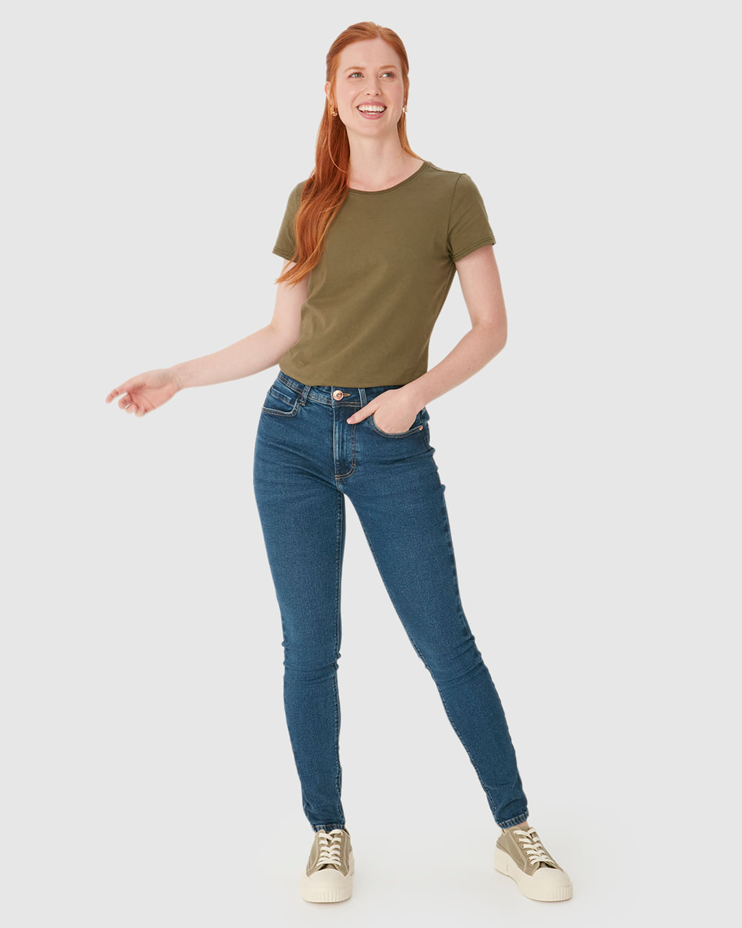 Calça Skinny Feminina Cintura Média Etiqueta Decorativa Em Flex Jeans - Azul - 34