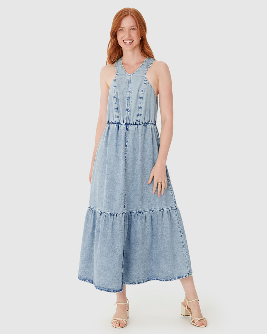 Vestido Feminino Marias Decote V Fenda Frontal Em Jeans Leve - Imagem 6