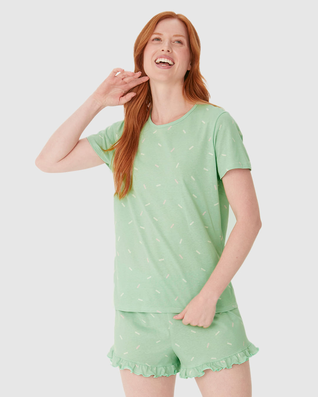 Pijama Curto Feminino Estampado Shorts Barra Picot Em Algodão - Imagem 6