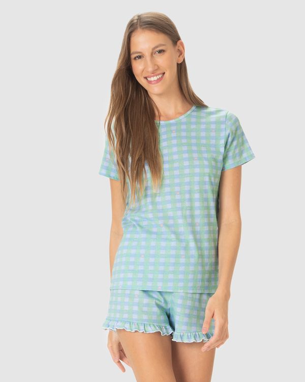 Pijama Curto Feminino Estampado Shorts Barra Picot Em Algodão Azul - P
