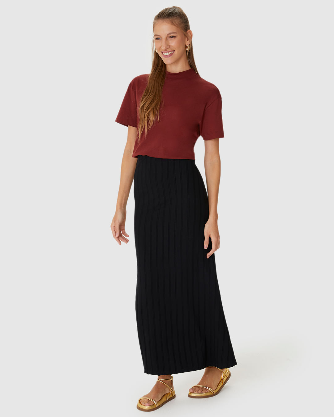 Saia Midi Feminina Evasê Cintura Alta Em Malha Viscose Canelada - Imagem 7