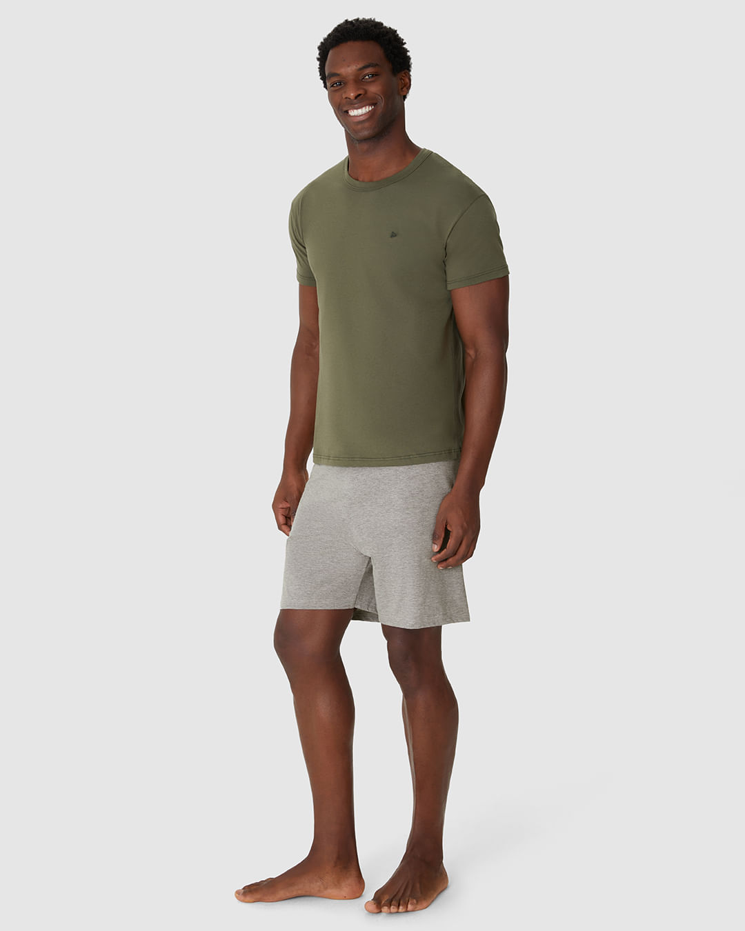 Pijama Curto Masculino Camiseta Bordado Peitoral Em Algodão - Imagem 2