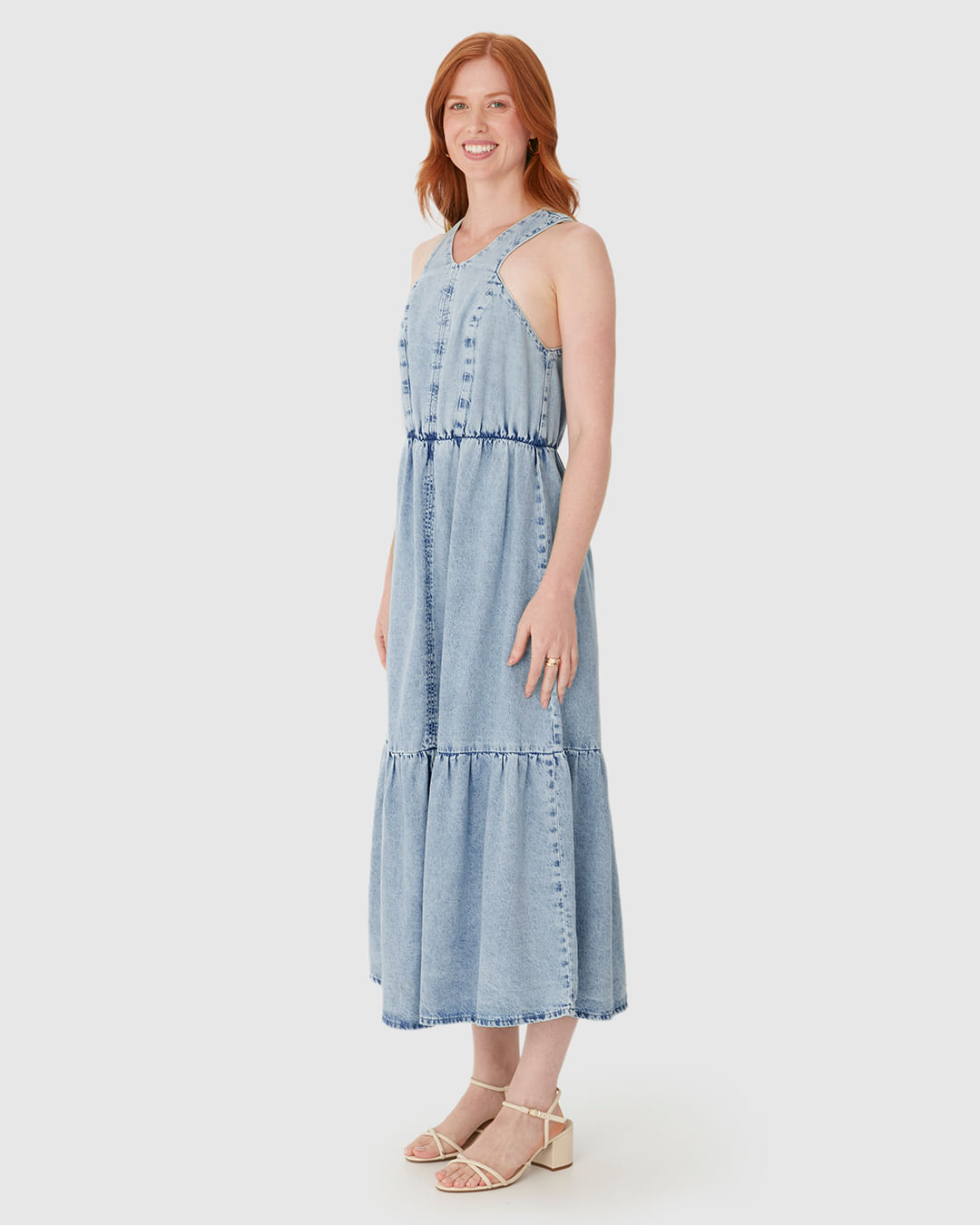 Vestido Feminino Marias Decote V Fenda Frontal Em Jeans Leve - Imagem 17