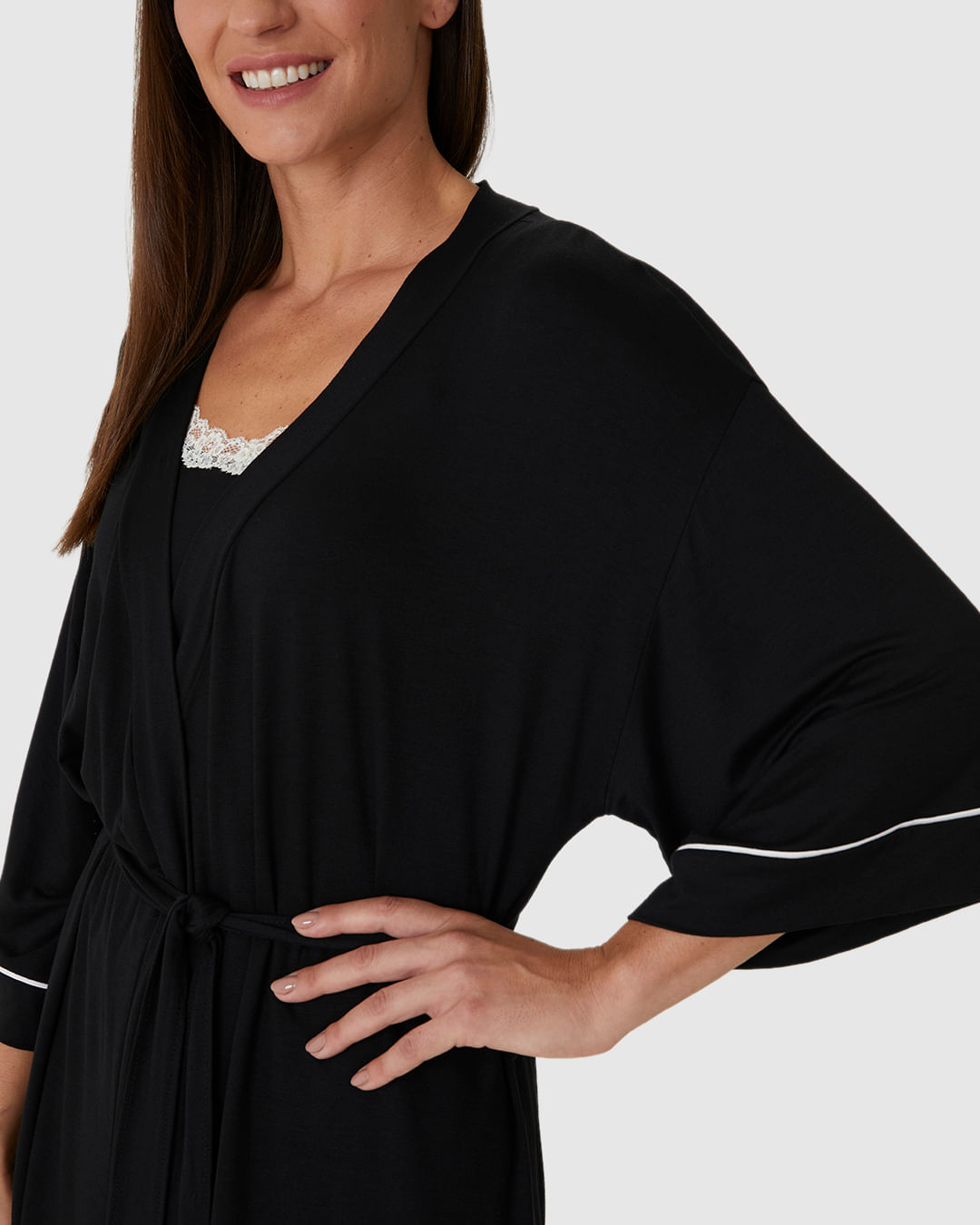 Robe Feminino Manga 7/8 Faixa Amarração Em Viscose Stretch - Imagem 3