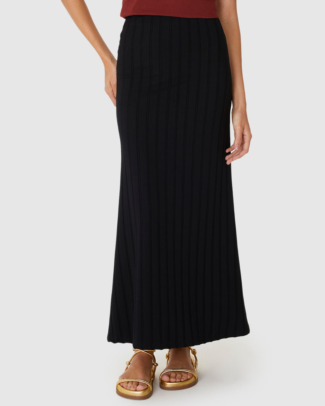 Saia Midi Feminina Evasê Cintura Alta Em Malha Viscose Canelada - Imagem 4