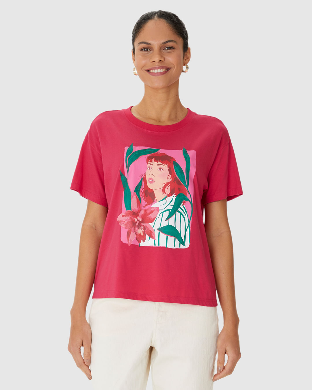 Camiseta Feminina Estampa Ilustrativa Garota Com Flor Em Algodão - Imagem 14