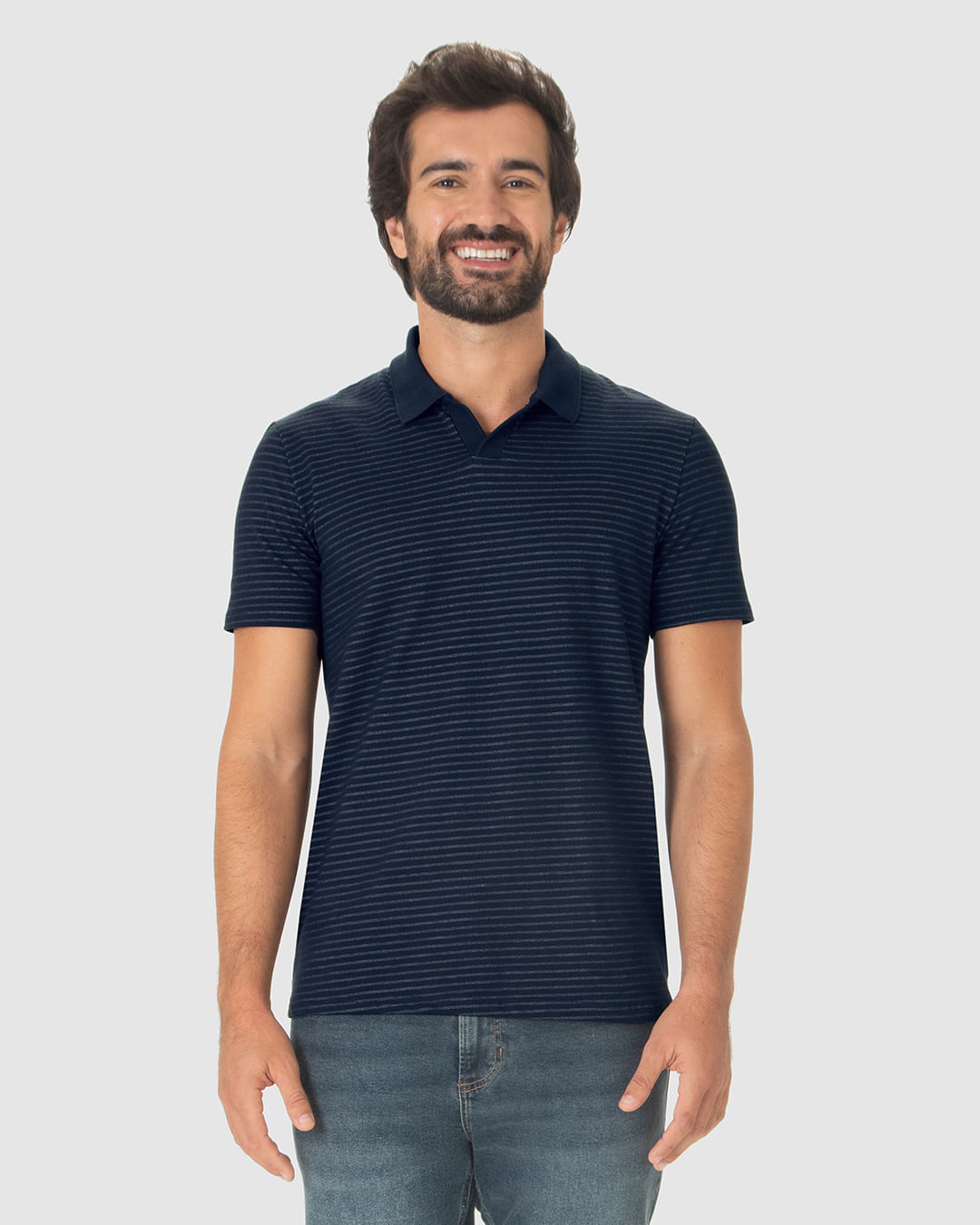 Camisa Polo Masculina Gola V Em Moletinho Listrado - Imagem 19