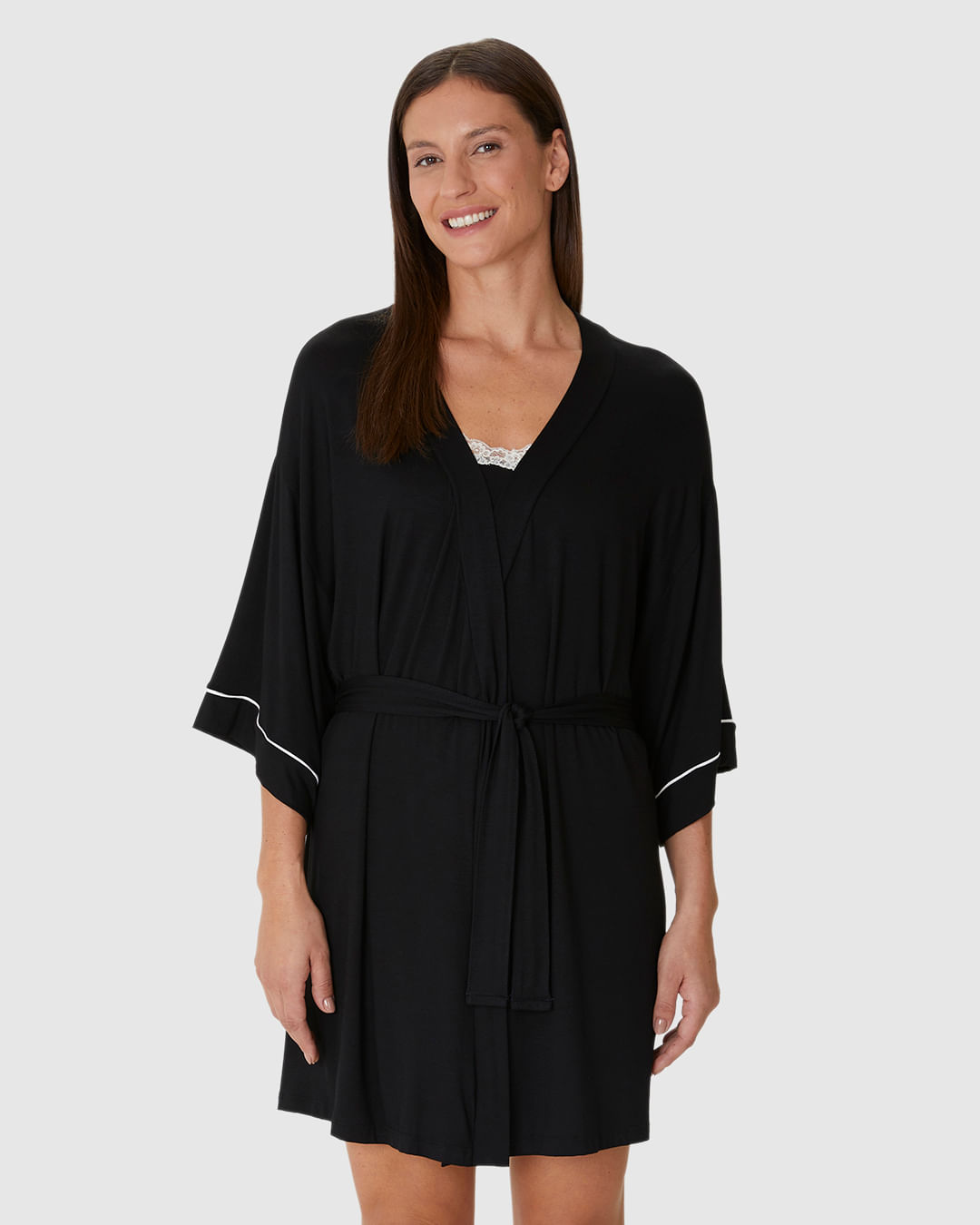 Robe Feminino Manga 7/8 Faixa Amarração Em Viscose Stretch - Imagem 4