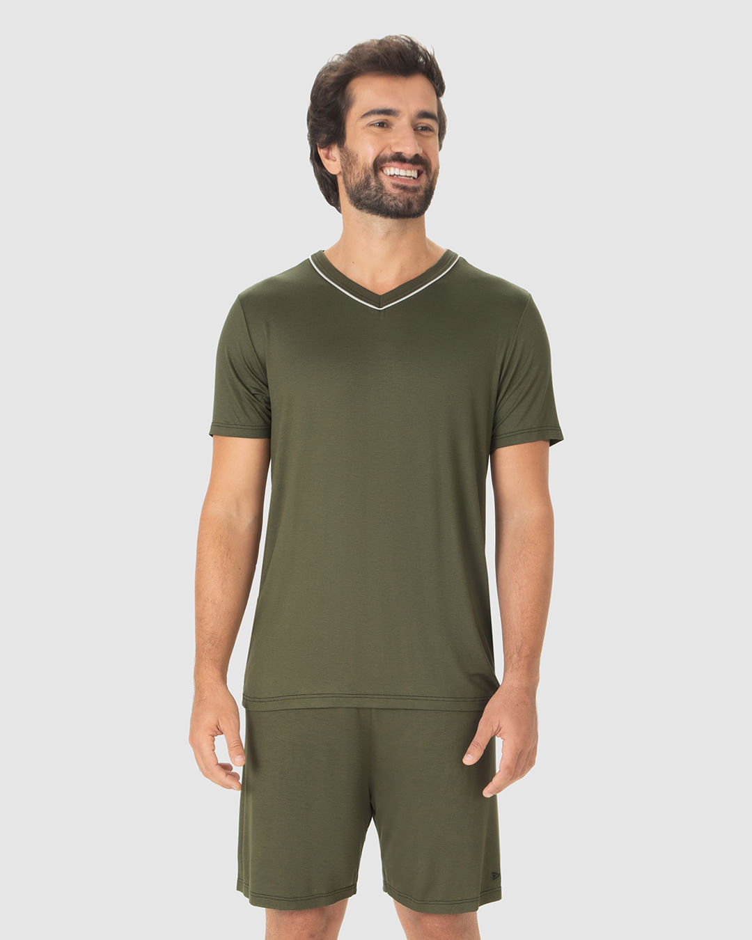 Pijama Curto Masculino Camiseta Decote V Contraste Em Viscose Stretch - Imagem 29