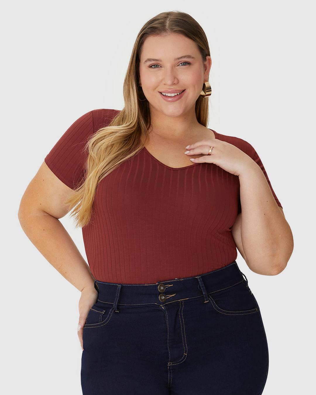 Blusa Básica Feminina Plus Size Decote V Em Canelado De Viscose