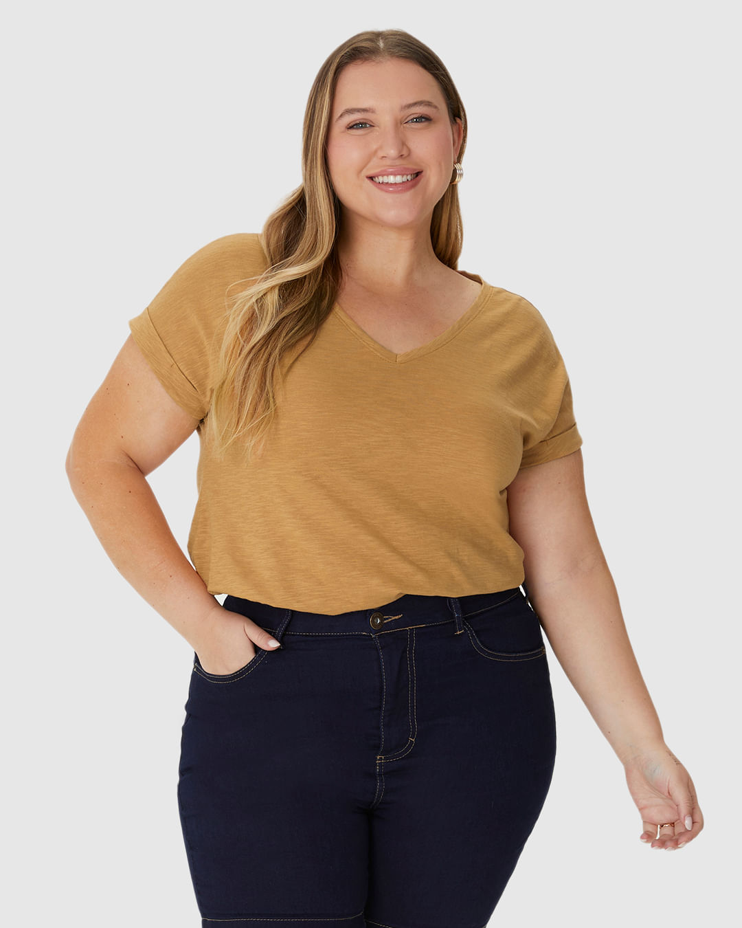Blusa Feminina Plus Size Mullet Decote V Manga Curta Em Malha Rajada - Imagem 16
