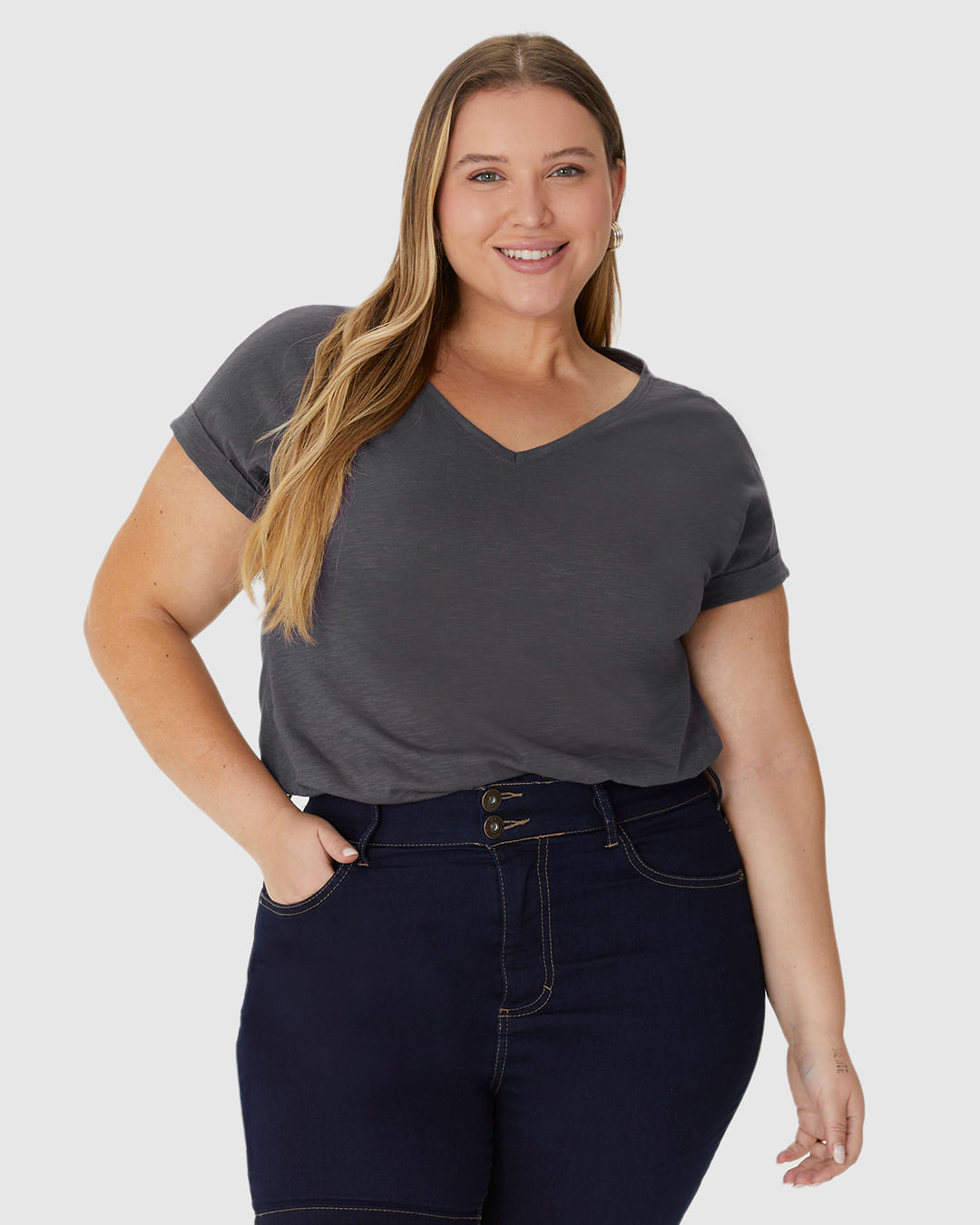 Blusa Feminina Plus Size Mullet Decote V Manga Curta Em Malha Rajada - Imagem 11