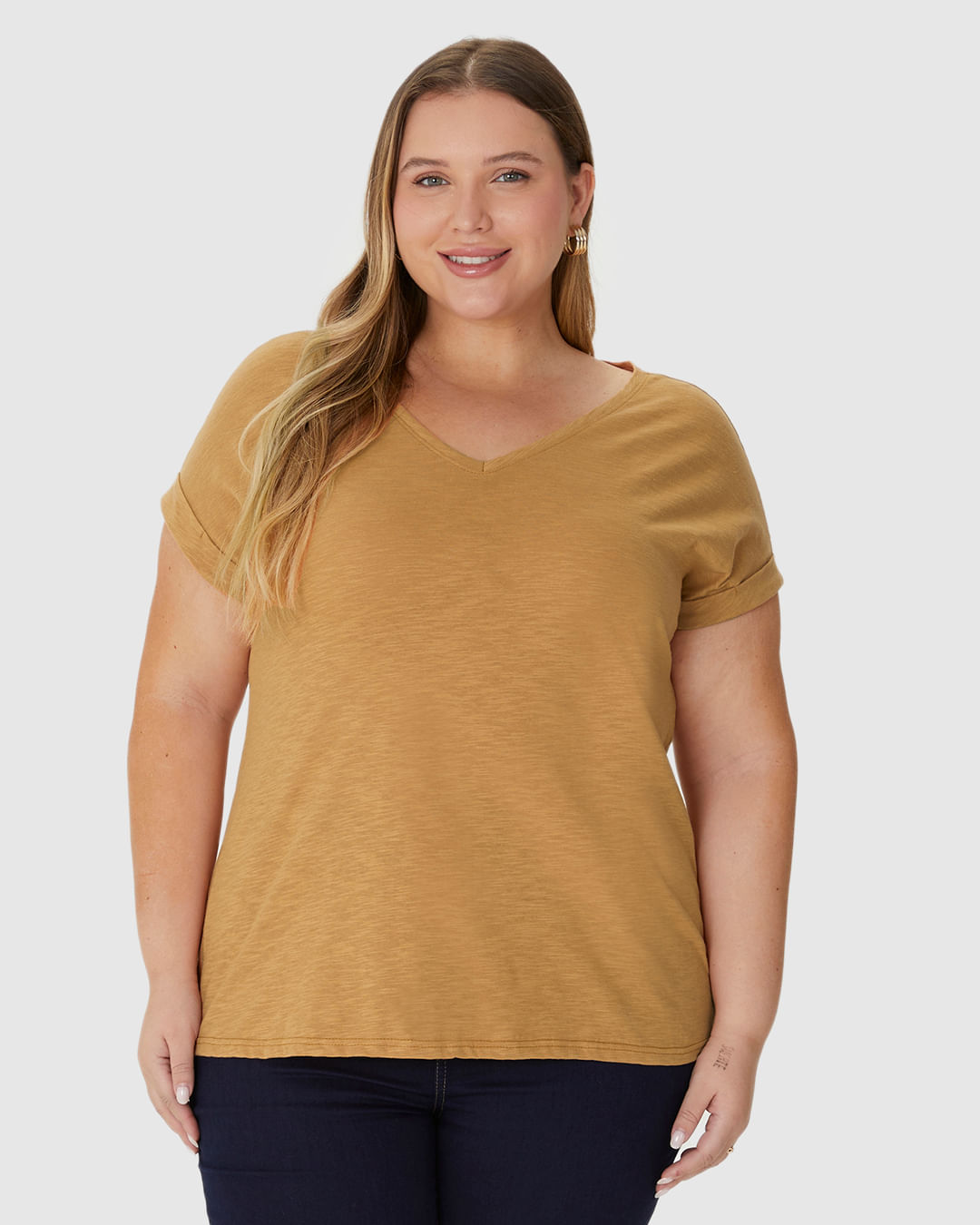 Blusa Feminina Plus Size Mullet Decote V Manga Curta Em Malha Rajada - Imagem 19