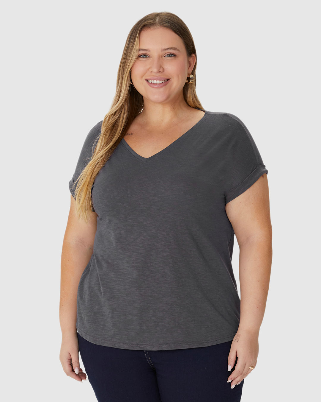 Blusa Feminina Plus Size Mullet Decote V Manga Curta Em Malha Rajada - Imagem 19