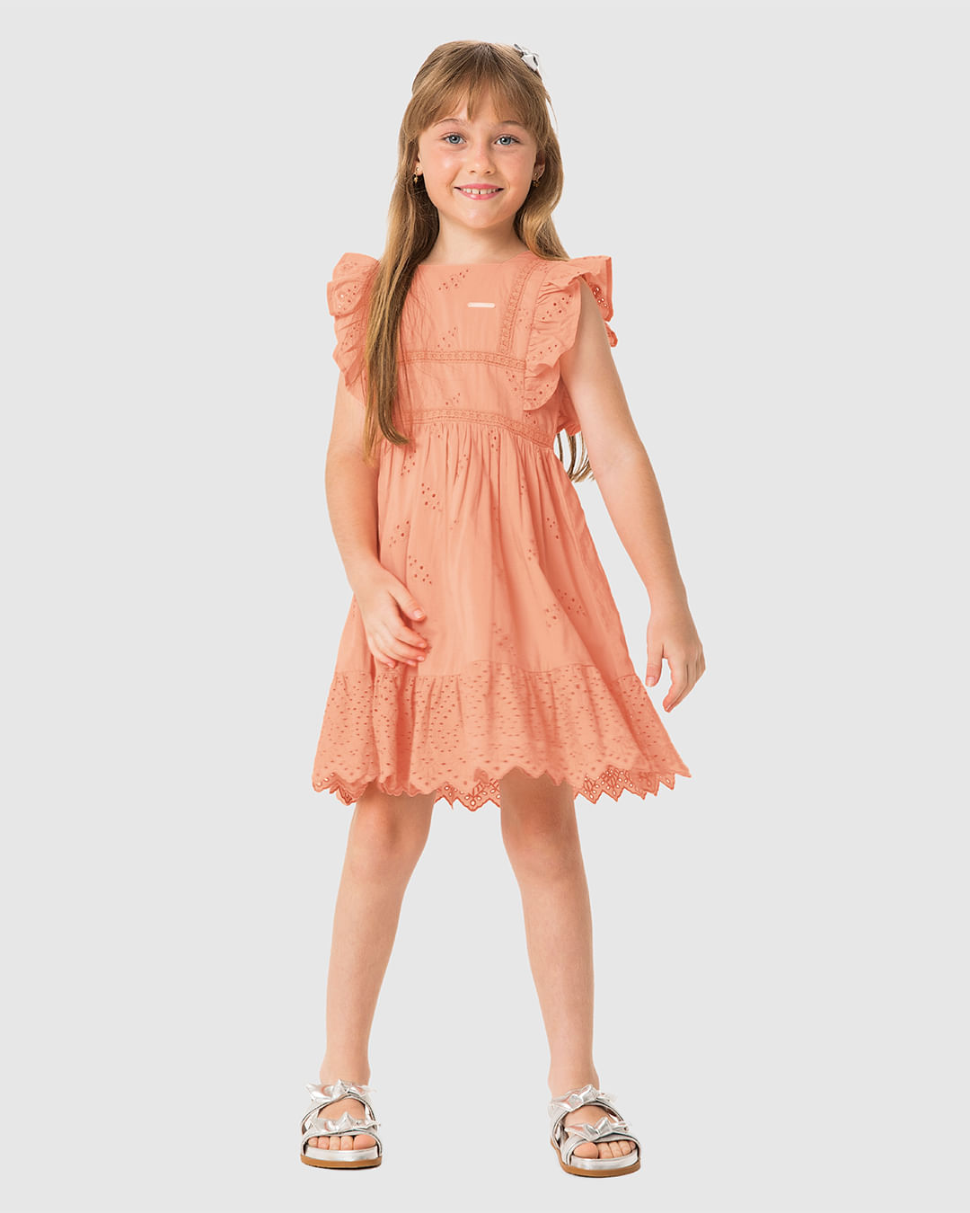 Vestido Menina Decote Quadrado Detalhe Babado em Laise - Carinhoso