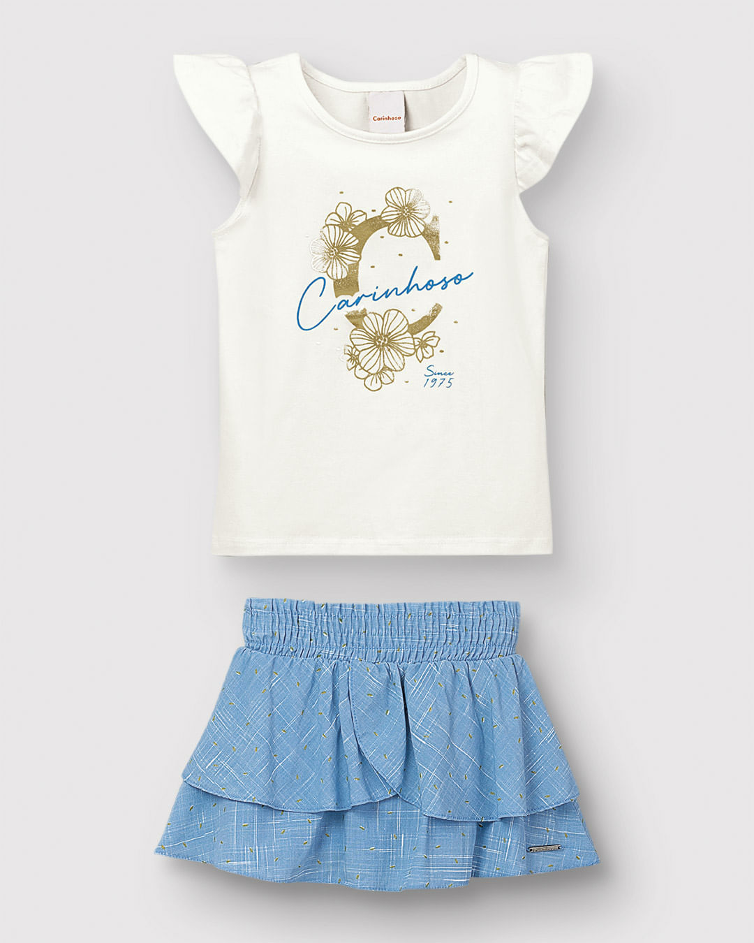 Conjunto Menina Blusa Estampa Foil Metalizada E Saia Em Viscose - Carinhoso