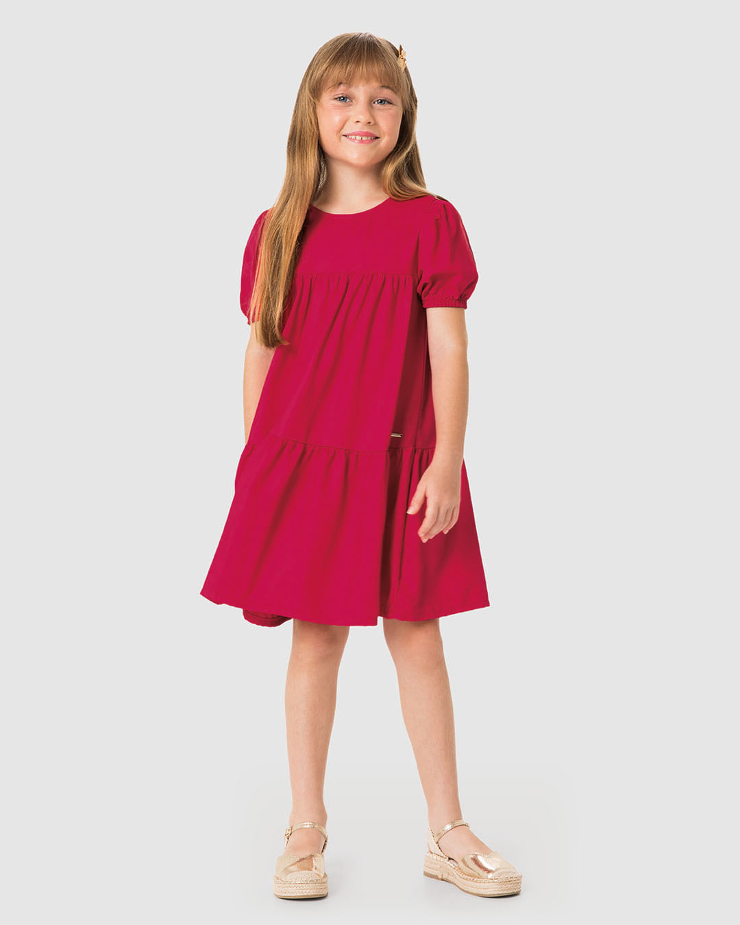 Vestido Menina Manga Curta Bufante Em Crepe De Viscose - Carinhoso - Imagem 10