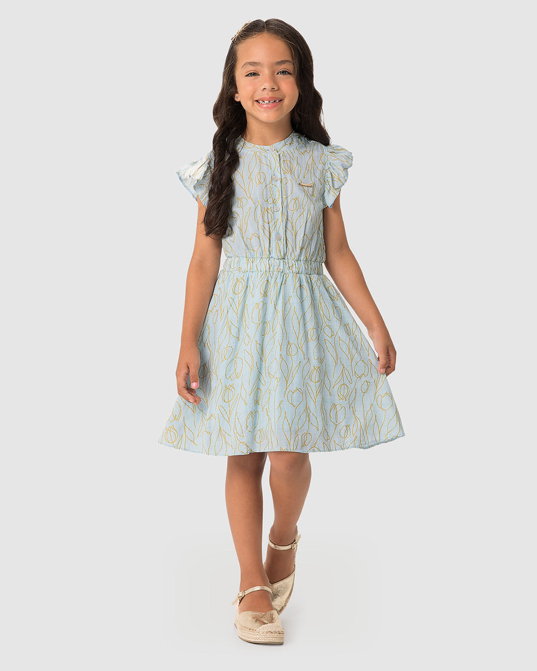 Vestido Menina Botões Frontais Estampa Metalizada Em Viscose - Carinhoso