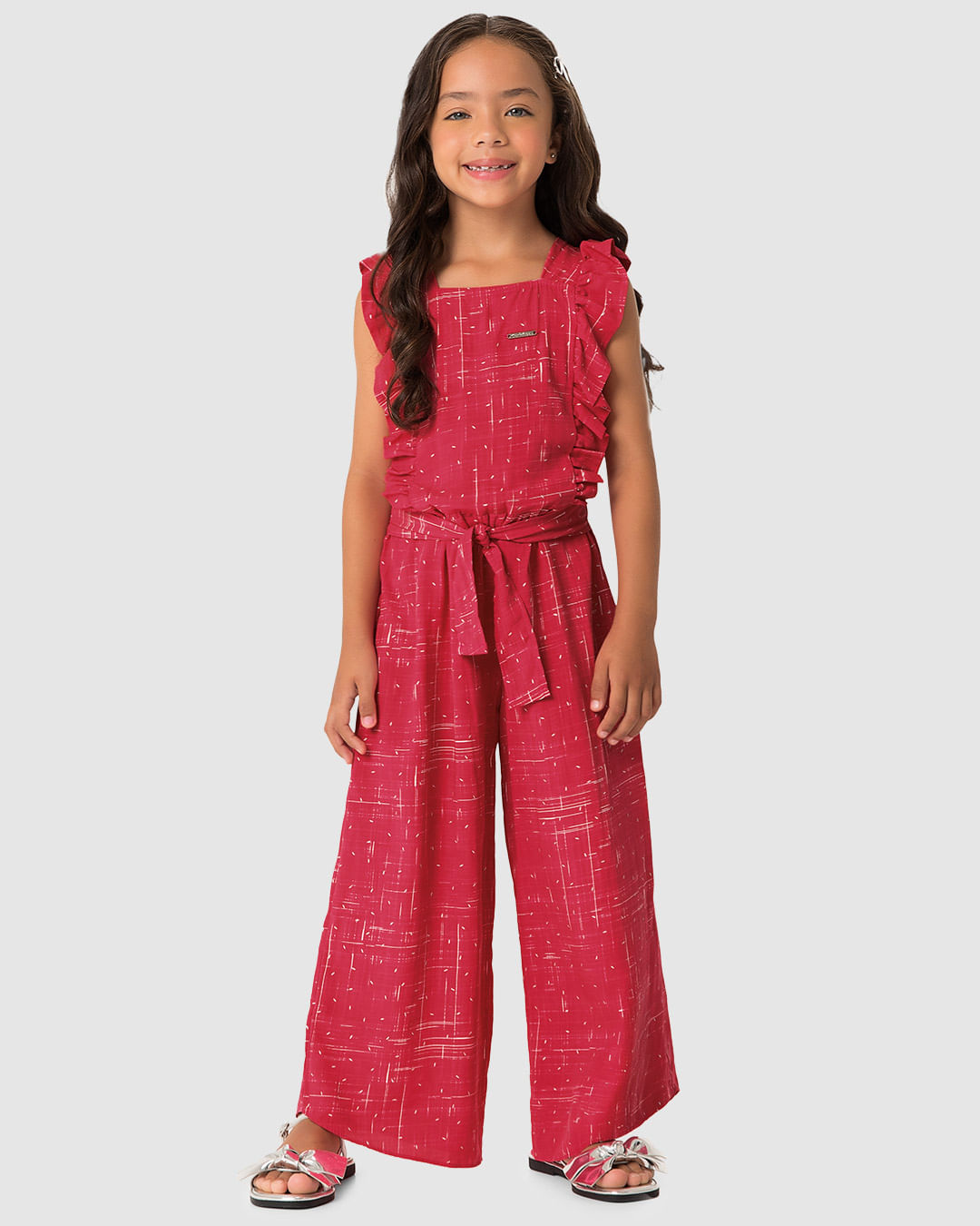 Macacão Menina Wide Leg com Babados e Faixa Amarração em Viscose - Carinhoso