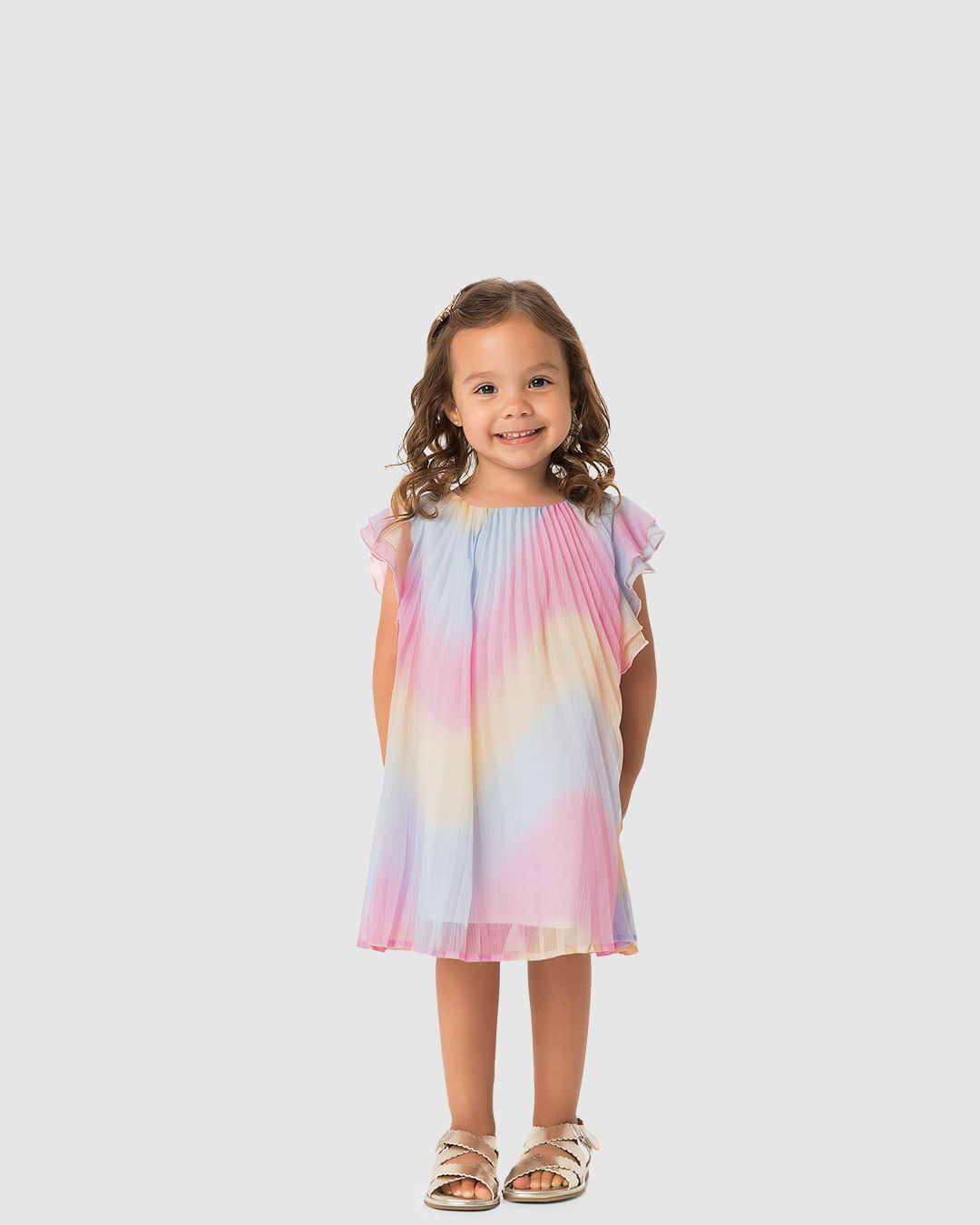 Vestido Menina Evasê Estampa Colorida Degradê Em Tecido Plissado - Carinhoso