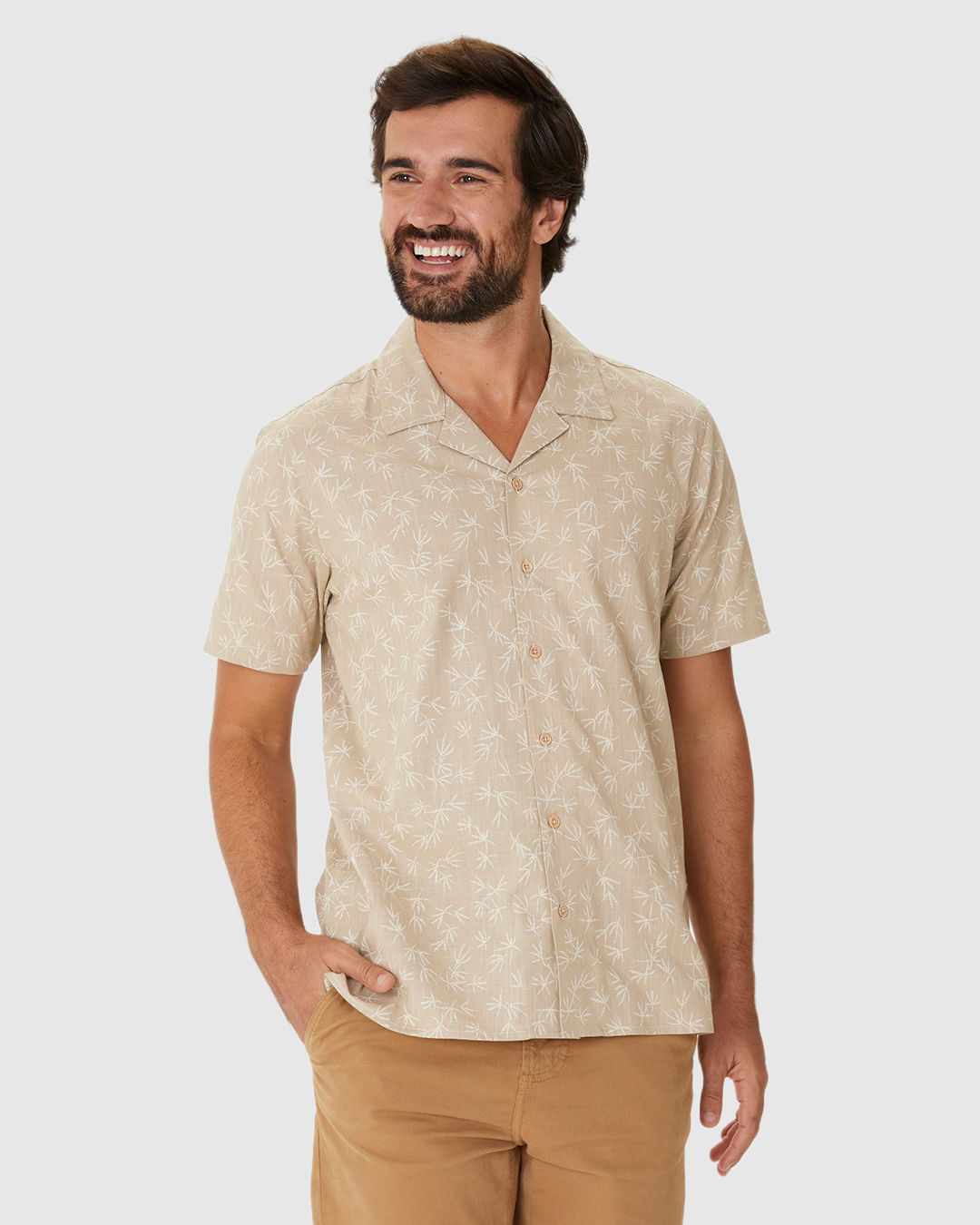 Camisa Masculina Estampada Manga Curta Em Algodão Com Linho - Imagem 15