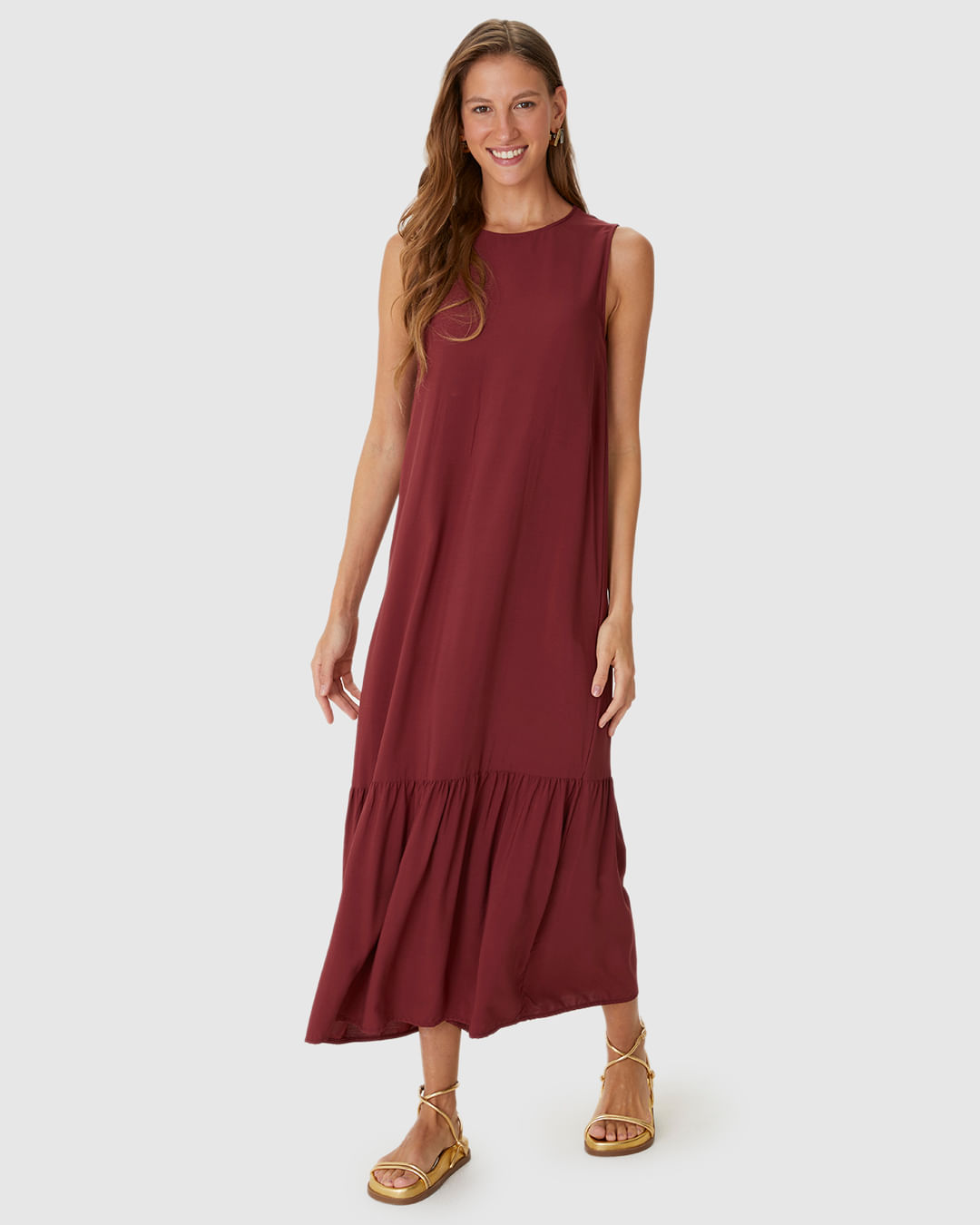 Vestido Midi Feminino Evasê Sem Manga Em Viscose - Imagem 13