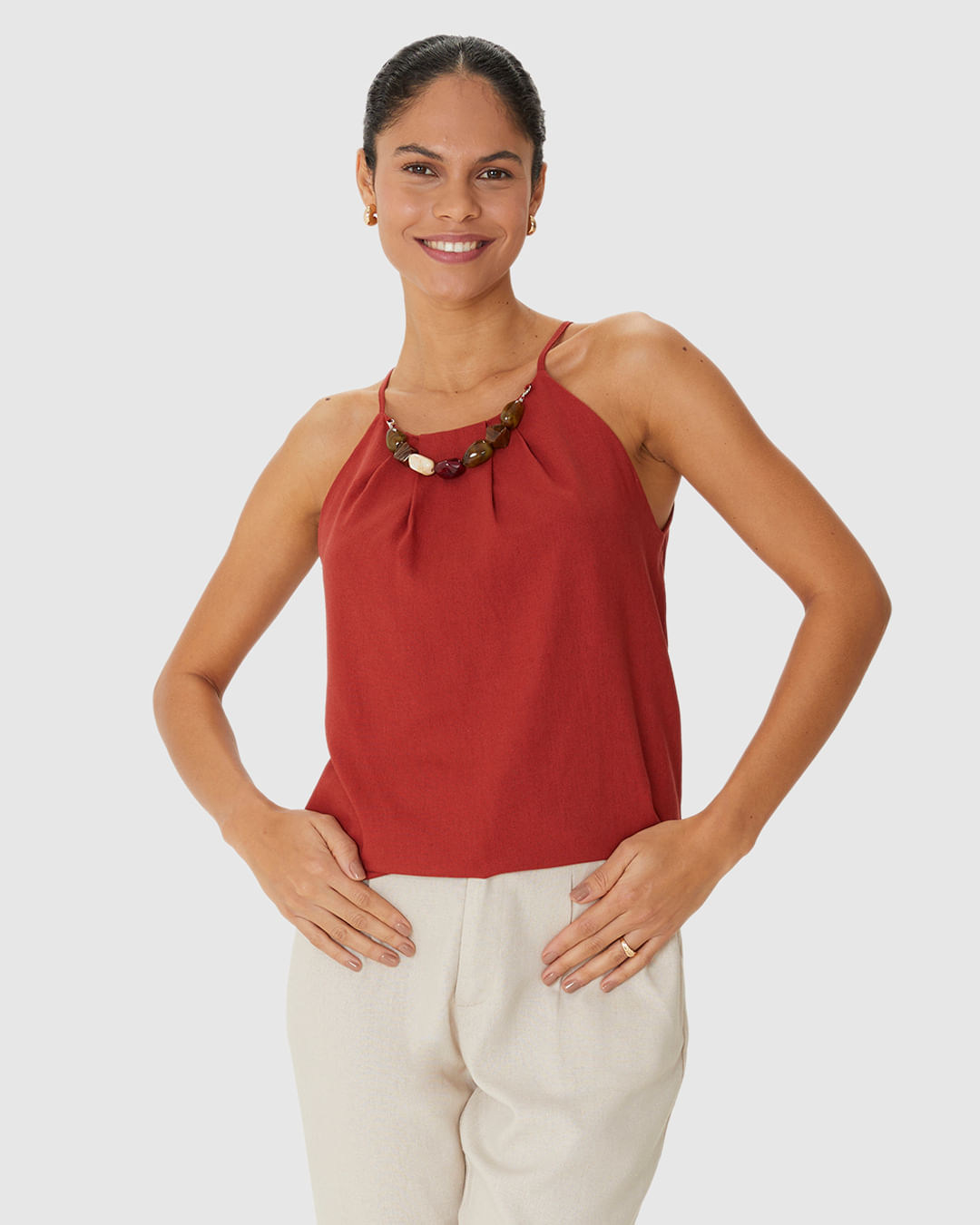 Regata Evasê Feminina Detalhe Colar Pedrarias Removível Em Viscolinho