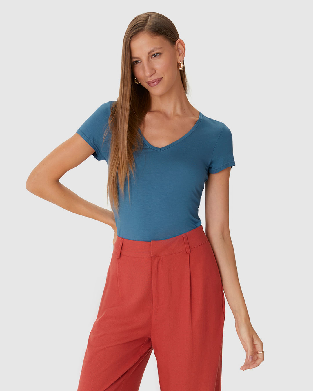 Blusa Básica Feminina Mullet Decote V Em Viscose Stretch - Imagem 25