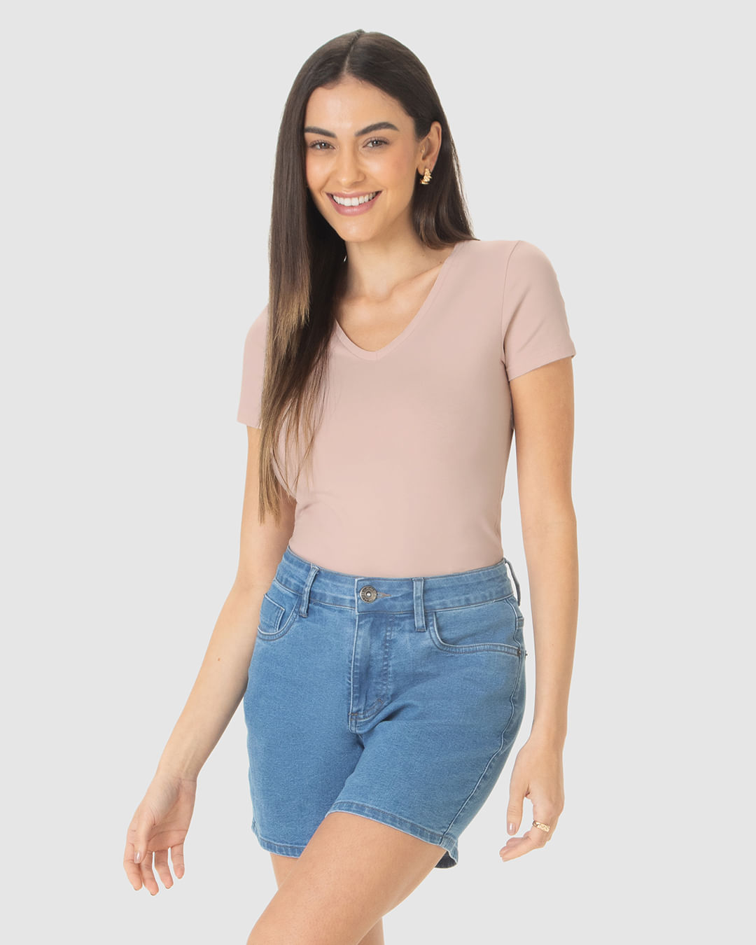 Camiseta Básica Feminina Decote V Em Algodão - Rosa - GG