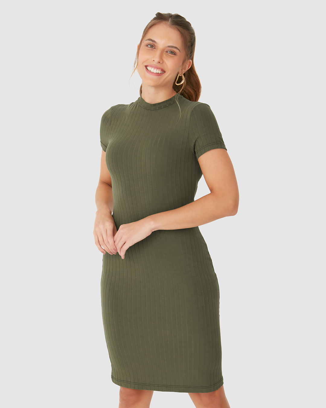 Vestido Básico Feminino Gola Alta Em Malha Canelada De Viscose - Imagem 6