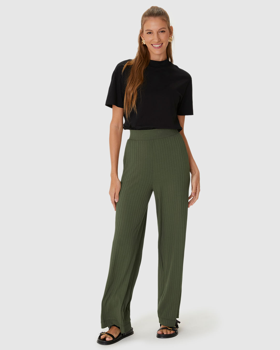 Calça Wide Leg Feminina Cintura Alta Em Malha Canelada De Viscose