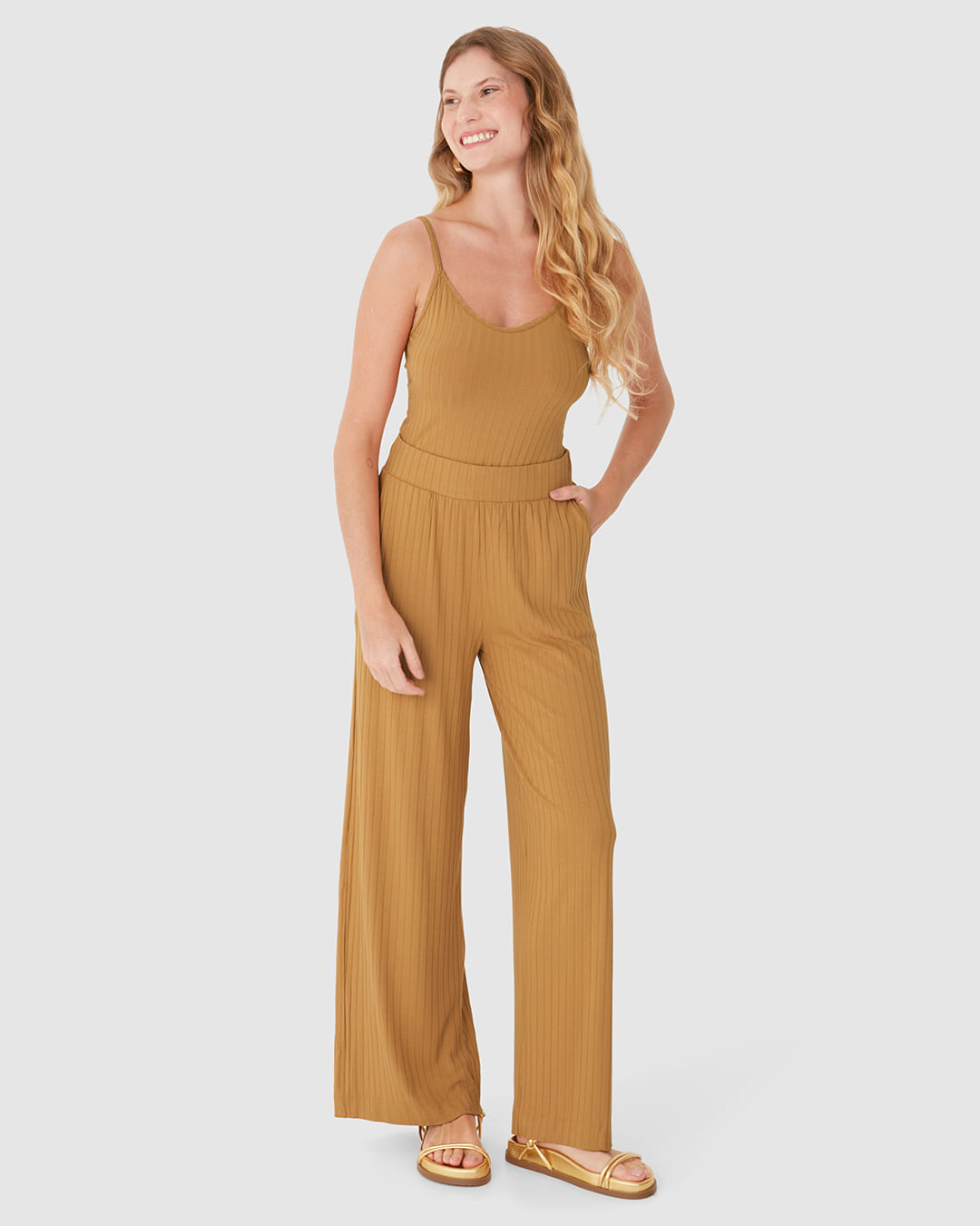 Calça Wide Leg Feminina Cintura Alta Em Malha Canelada De Viscose - Imagem 26