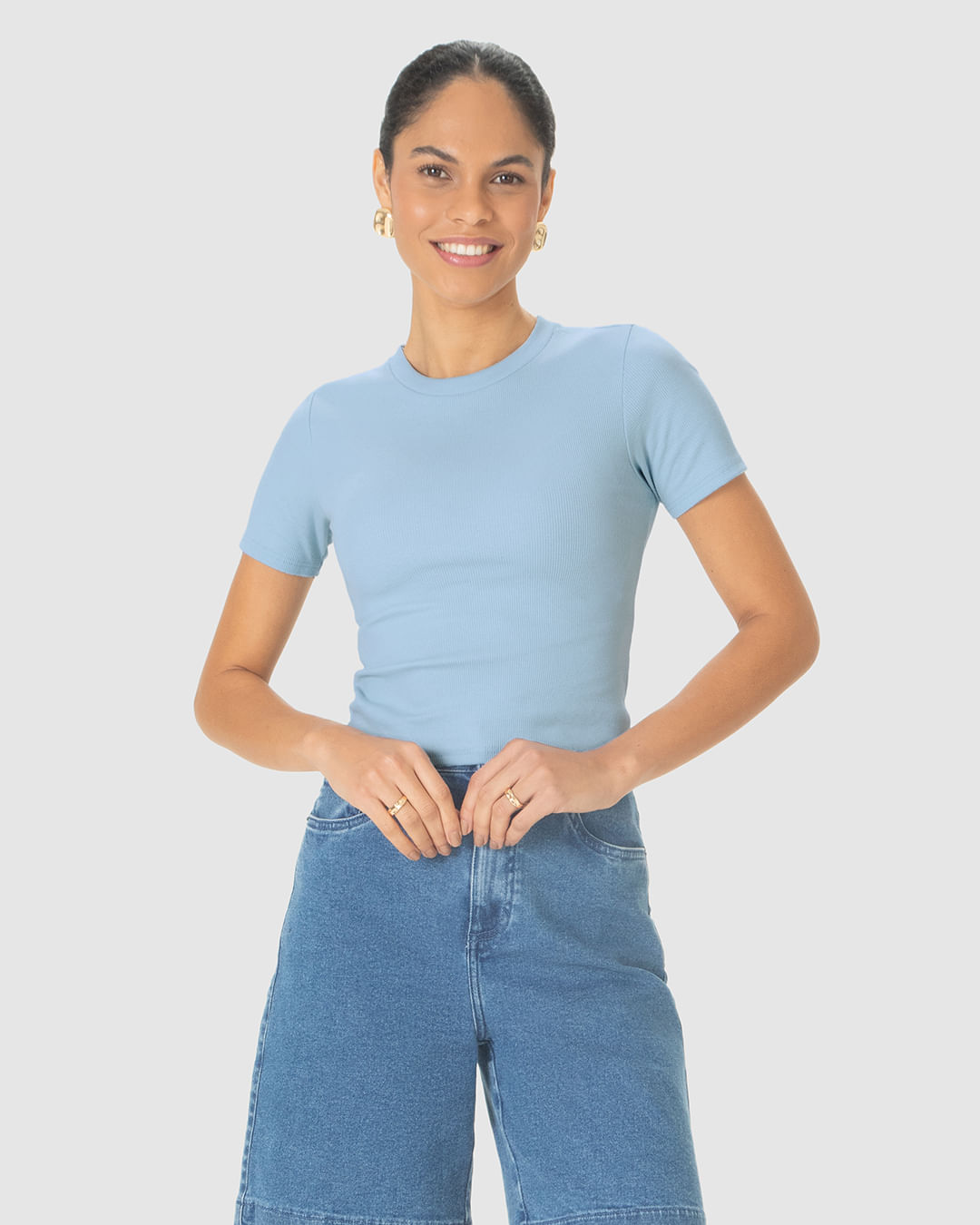 Blusa Básica Feminina Decote Redondo Em Ribana