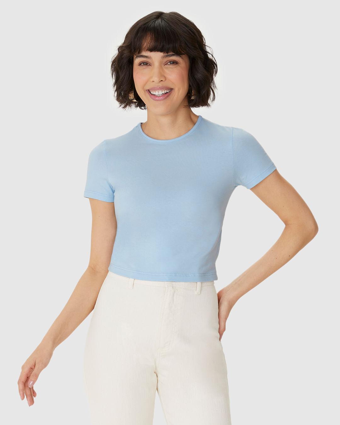 Blusa Long Cropped Feminina Manga Curta em Algodão