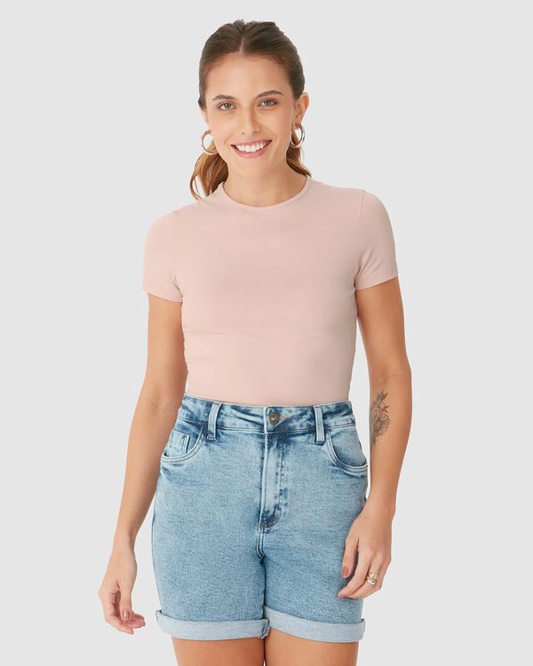Blusa Long Cropped Feminina Manga Curta Em Algodão Rosa - M