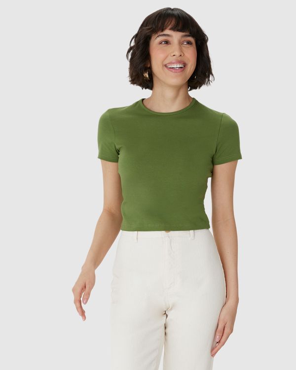 Blusa Long Cropped Feminina Manga Curta Em Algodão Verde - GG