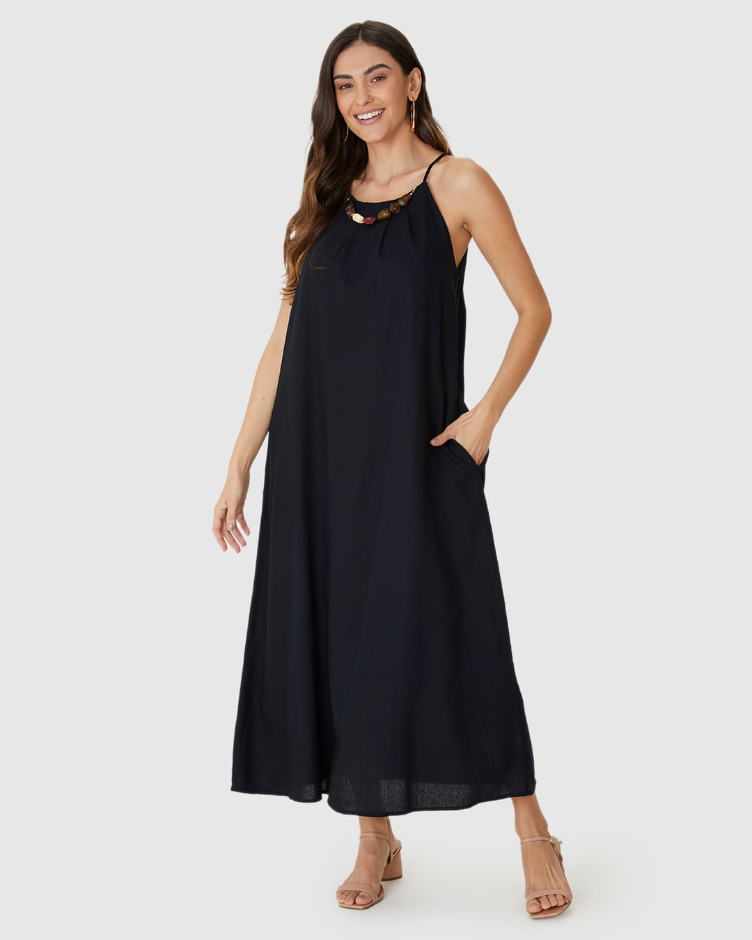 Vestido Midi Feminino Evasê Detalhe Colar Pedrarias Removível Em Viscolinho - Imagem 16