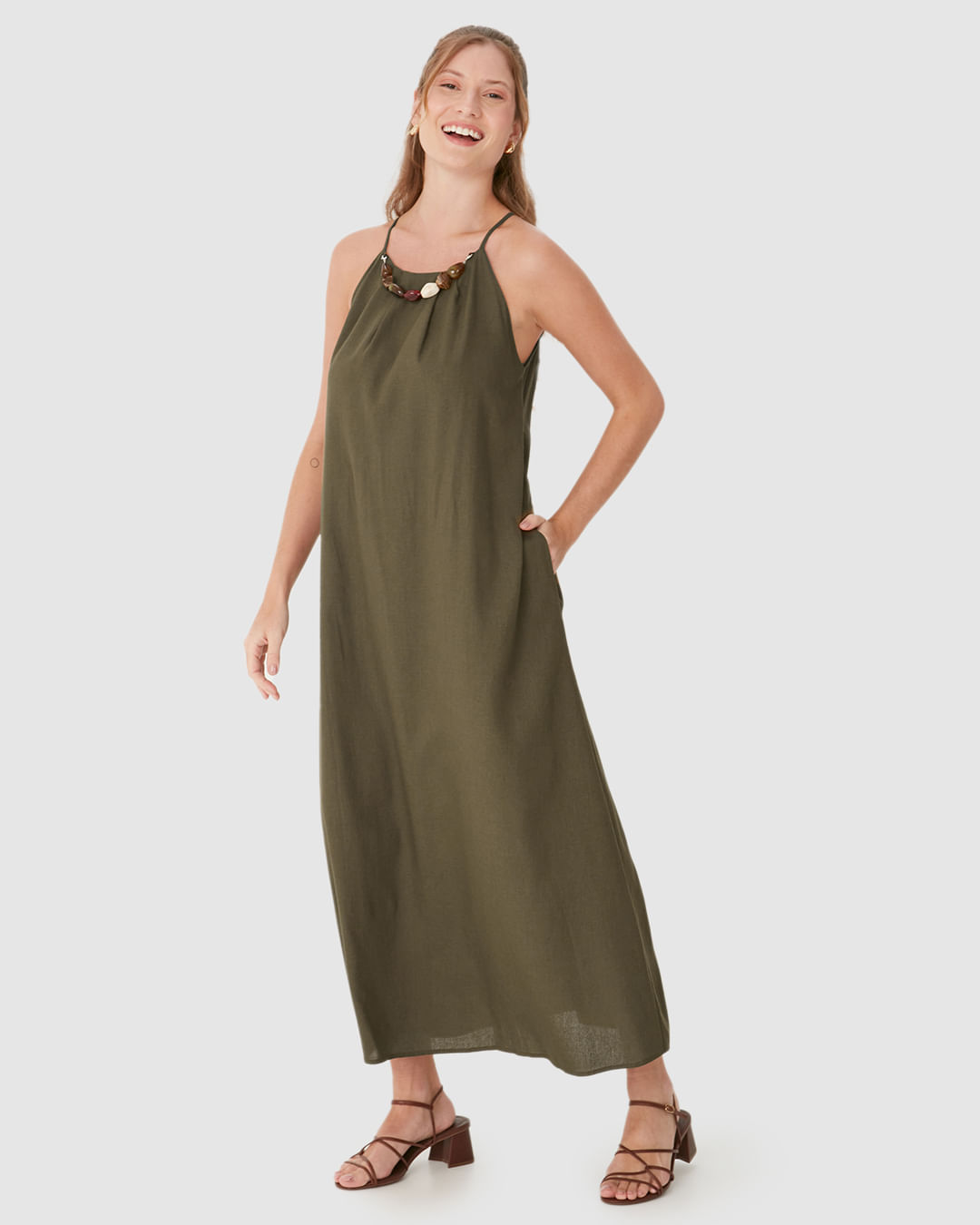 Vestido Midi Feminino Evasê Detalhe Colar Pedrarias Removível Em Viscolinho - Imagem 11