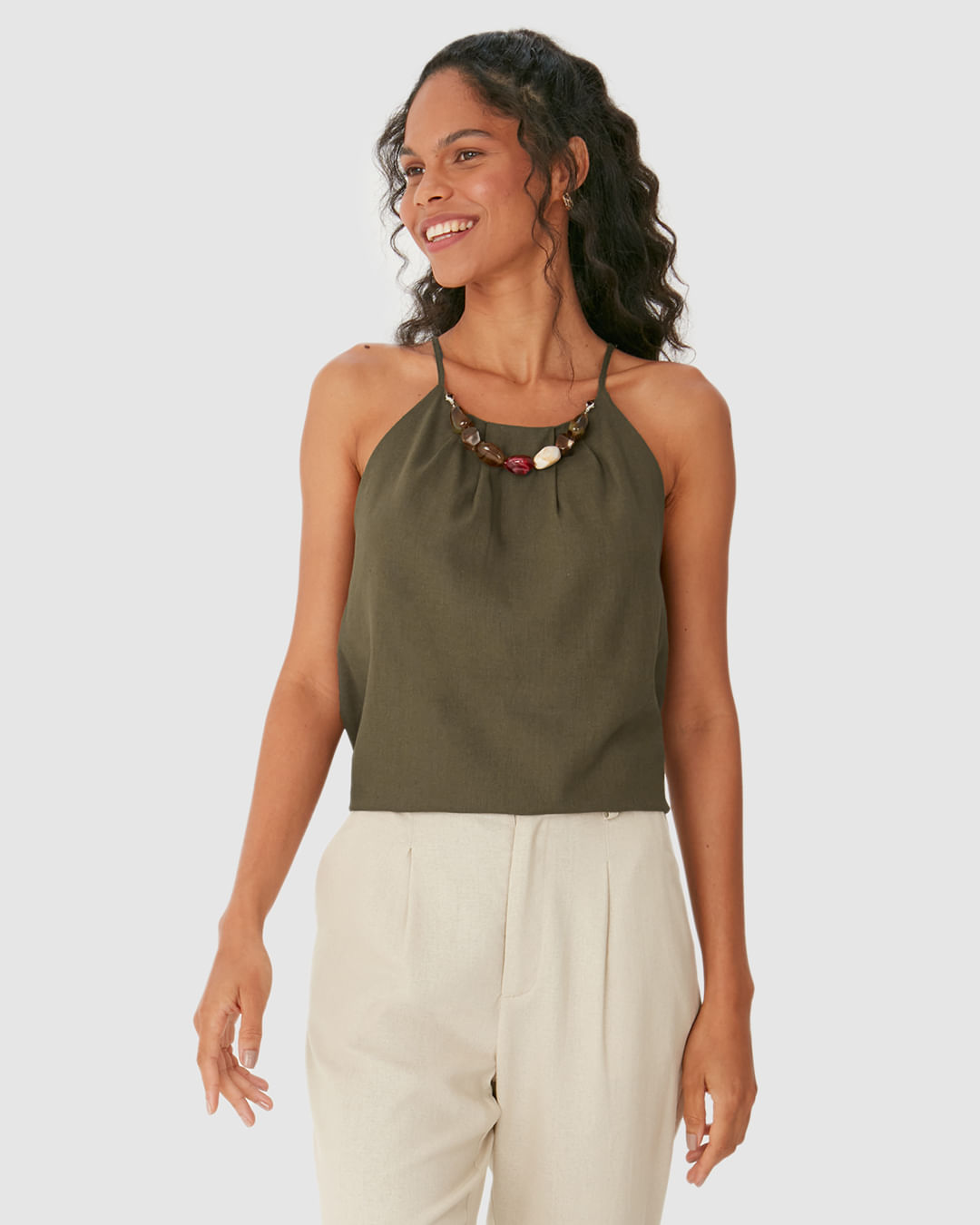 Regata Evasê Feminina Detalhe Colar Pedrarias Removível Em Viscolinho - Imagem 6