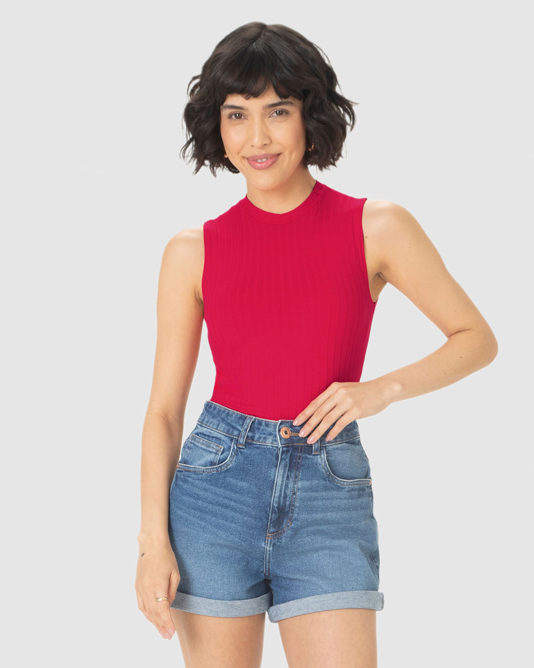 Regata Básica Feminina Justa Gola Alta Em Malha Viscose Canelada - Imagem 16