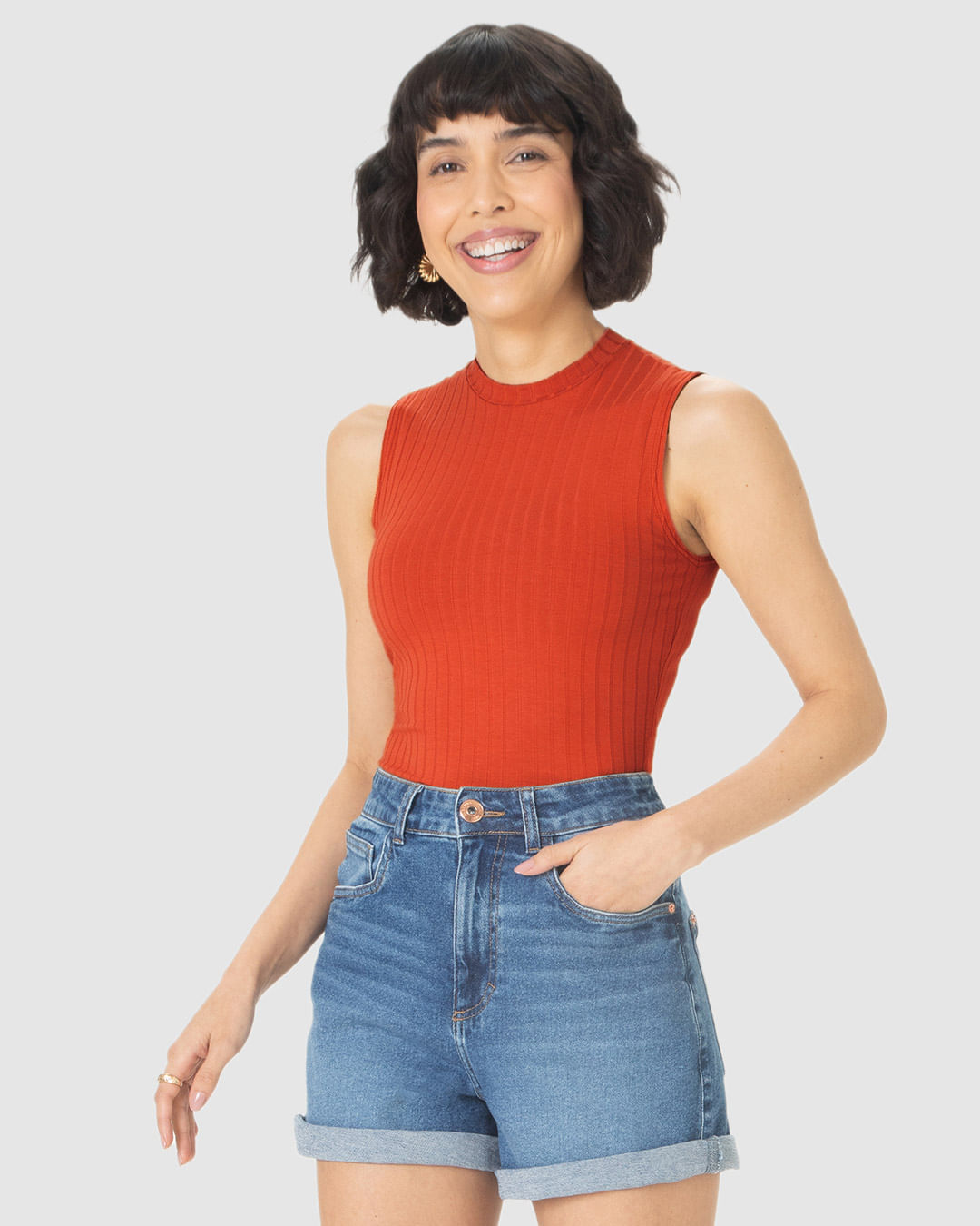 Regata Básica Feminina Justa Gola Alta Em Malha Viscose Canelada - Imagem 6