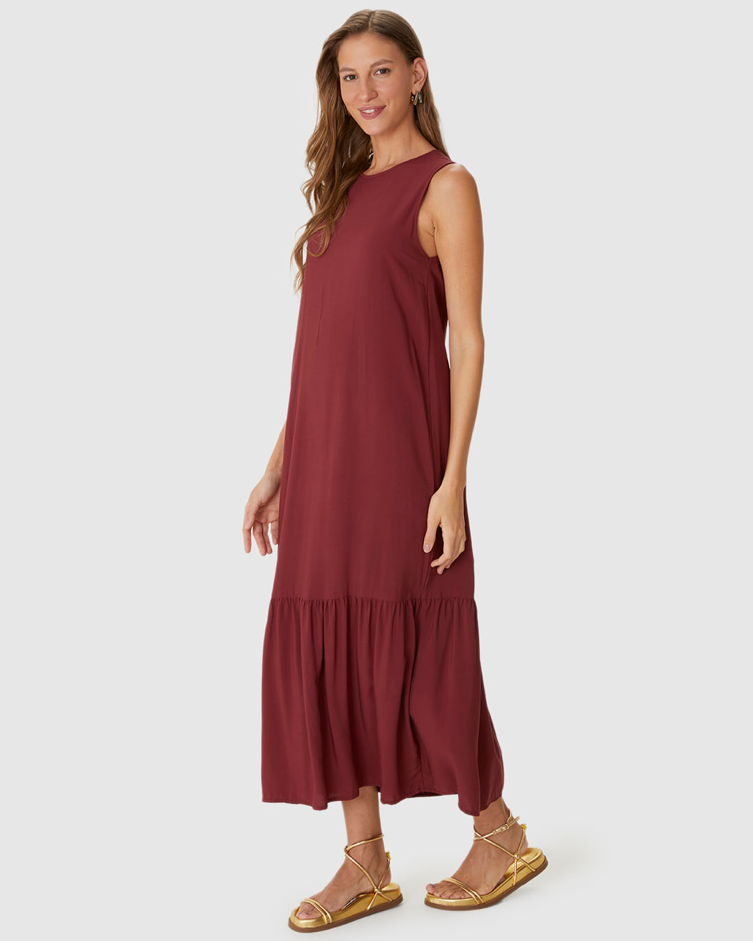 Vestido Midi Feminino Evasê Sem Manga Em Viscose - Imagem 14