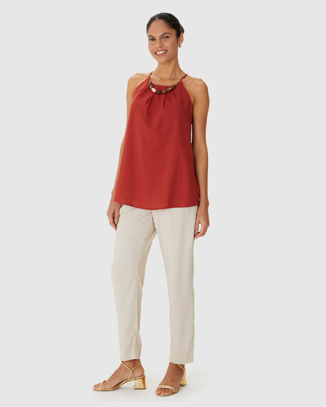 Regata Evasê Feminina Detalhe Colar Pedrarias Removível Em Viscolinho - Imagem 14