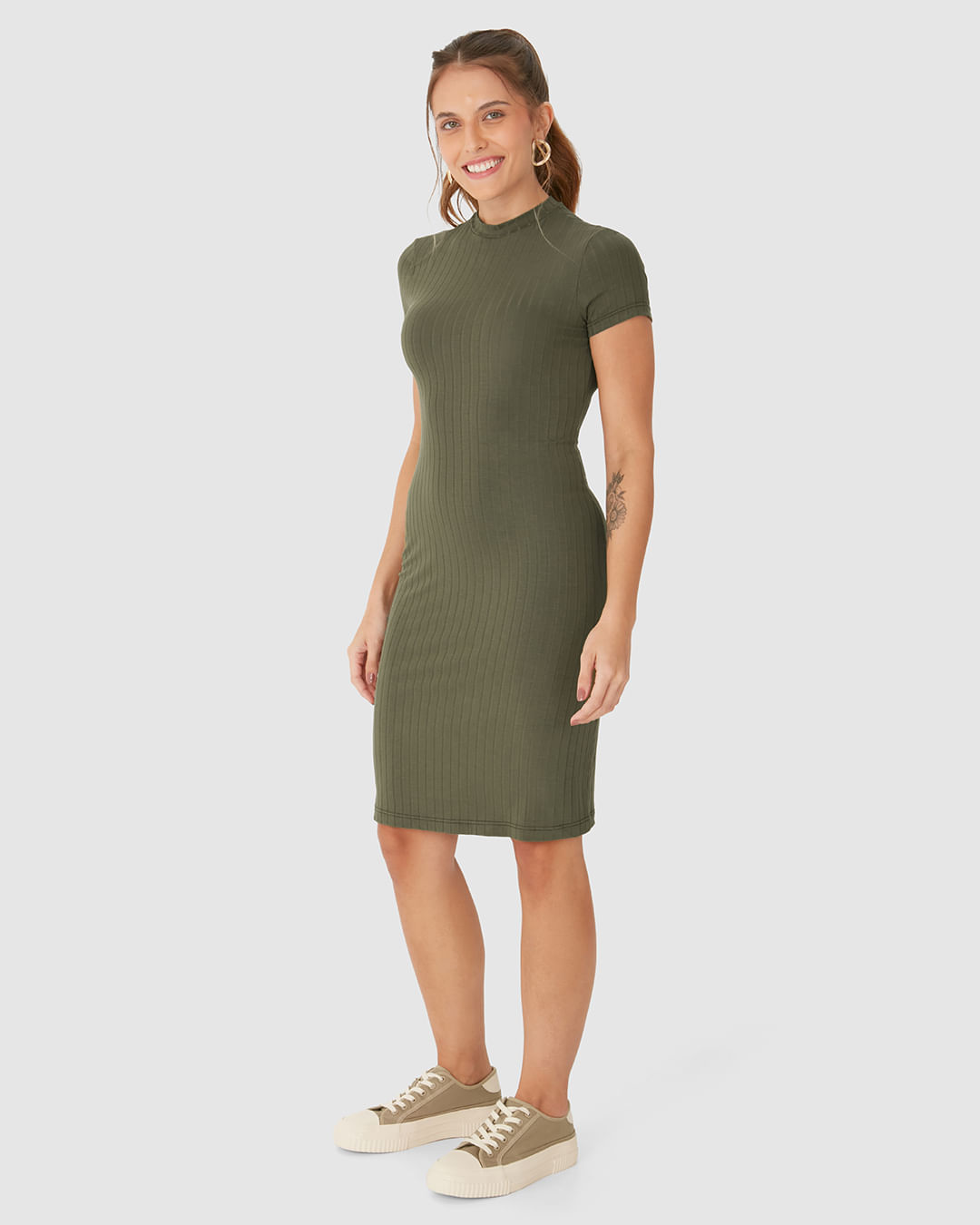 Vestido Básico Feminino Gola Alta Em Malha Canelada De Viscose - Imagem 7