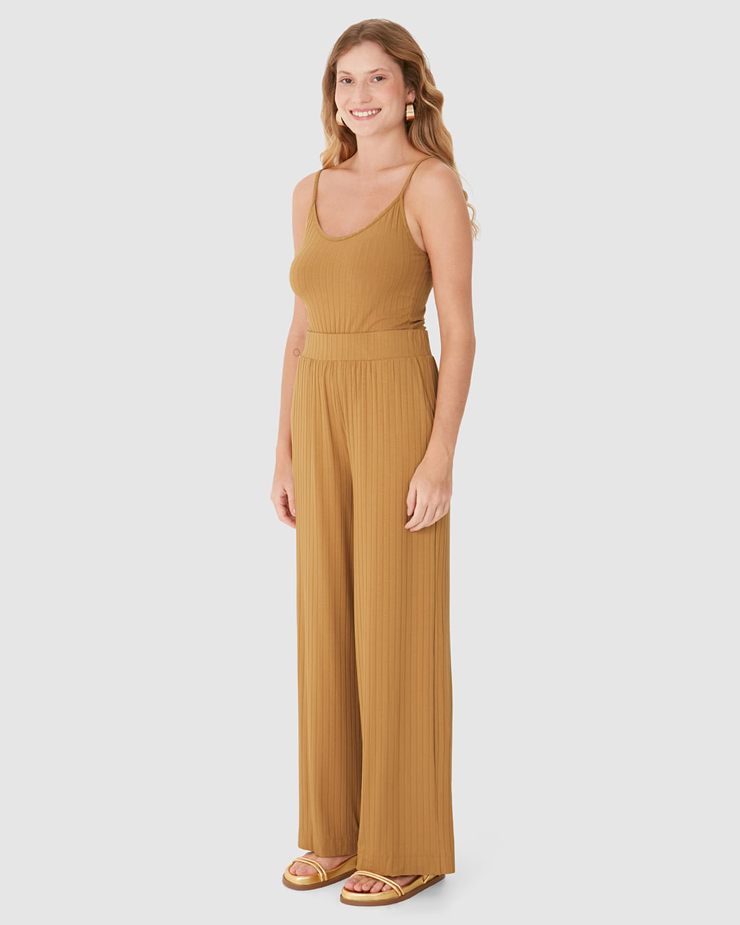 Calça Wide Leg Feminina Cintura Alta Em Malha Canelada De Viscose - Imagem 22