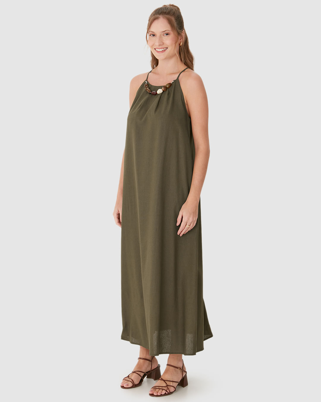 Vestido Midi Feminino Evasê Detalhe Colar Pedrarias Removível Em Viscolinho - Imagem 7